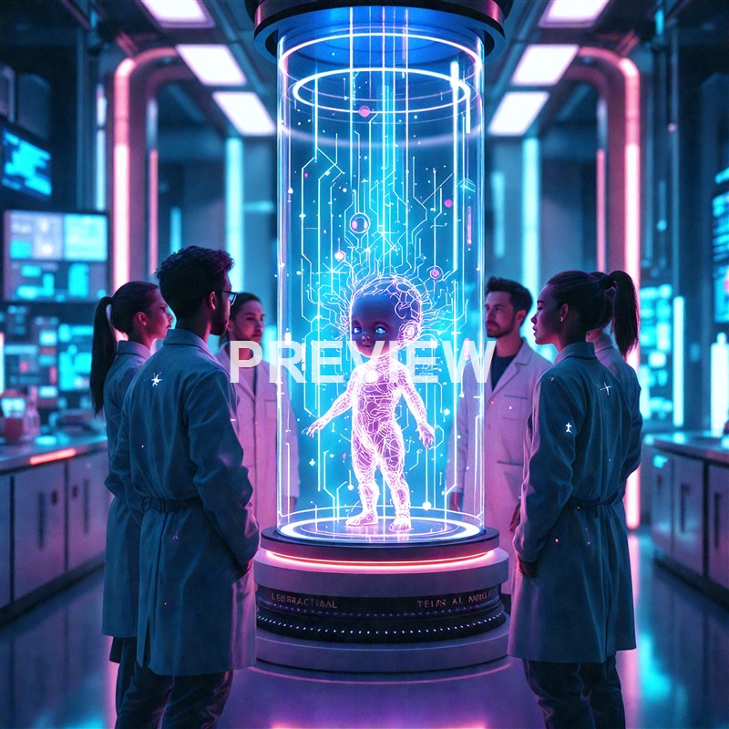 A group of scientists in a high-tech laboratory are observing a holographic display of a glowing, digital baby inside a cylindrical chamber, surrounded by advanced computer screens and futuristic lighting.